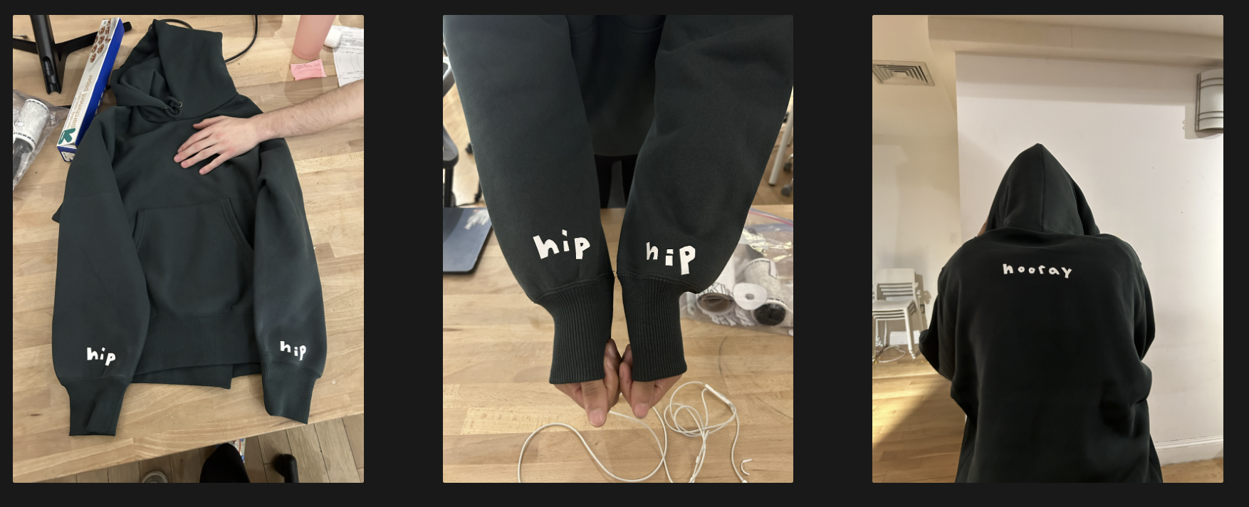 Hoodie with 'hip' written on sleeves